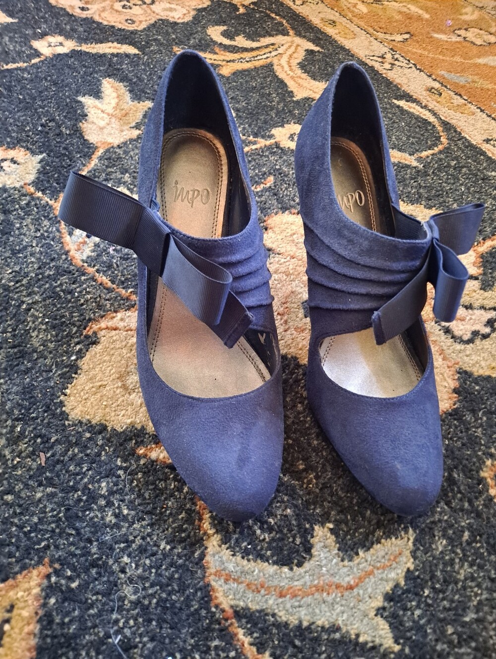 Impo Navy Suede Pointed-Toe Pumps with Grosgrain Bow